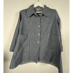 Women's 3/4 Sleeve Button Down Shirt Casual Collared Gray Pinstripe Size Small
